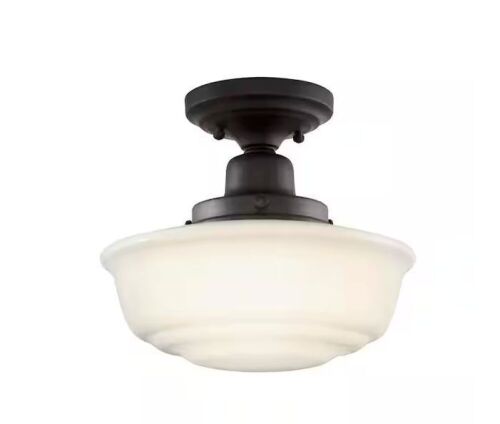 Lot of (2) Hampton Bay Belvedere Park 10.625 in. 1-Light Espresso Bronze Schoolhouse Round Semi Flush Mount - Lot 742