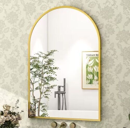 XRAMFY 26 in. W x 38 in. H Arched Gold Aluminum Alloy Framed Wall Mirror - Lot 568