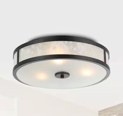 Flint Garden 15.7 in. 3-Light Black Drum Flush Mount with Glass Shade - Lot 771