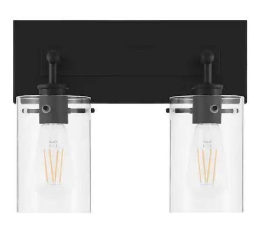 Lot of (2) Hampton Bay Regan 12.75 in. 2-Light Matte Black Bathroom Vanity Light with Clear Glass Shades - Lot 716