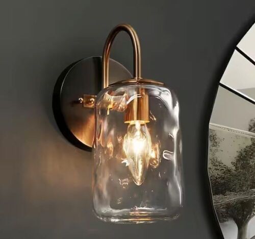 Lot of (2) LNC Black 1-Light Wall Light Modern Brass Mason Jar Textured Glass Shade Powder Room Bathroom Vanity Light - Lot 717