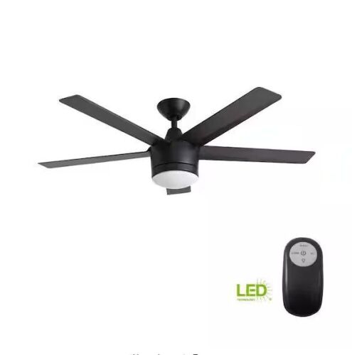 Home Decorators Collection Merwry 52 in. Integrated LED Indoor Matte Black Ceiling Fan with Light Kit and Remote Control - Lot 223