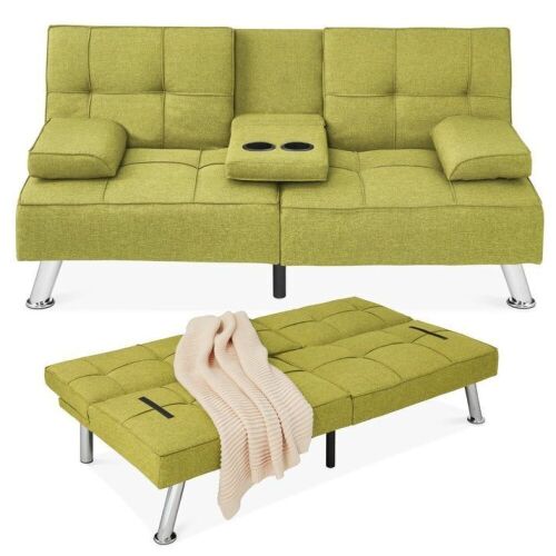 Linen Upholstered Convertible Sofa Bed Futon w/ 2 Cupholders - Lot 31