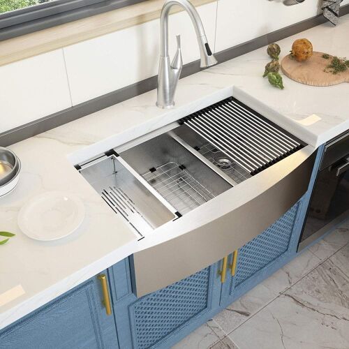 GhomeG 33" Farm Sink Apron Front Ledge Workstation Low Divide Double Bowl 60/40 18 Gauge Stainless Steel Kitchen Sink Basin - Lot 107