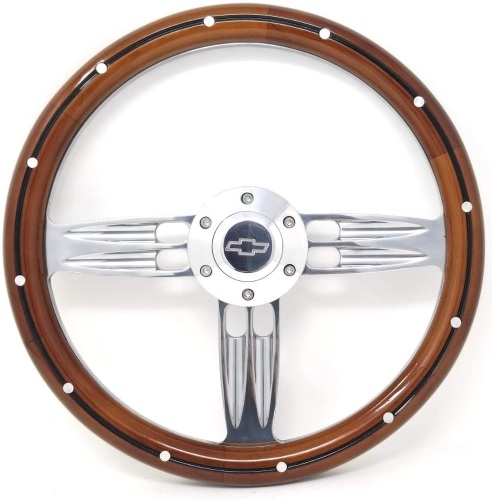 Forever Sharp 14" Inch Billet Polished & Wood Steering Wheel Bowtie Horn, 6 Hole  - Lot 274