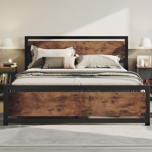 LIKIMIO Industrial Queen Bed Frame with Headboard and Footboard, Strong 4 U-Shaped Support Frames & 2 Independent Support Rods & 9 Support Legs, Noise-Free, No Box Spring Needed - Lot 311