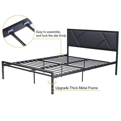 AmoLife Full Size Metal Bed Frame with Geometric Leather Headboard  - Lot 333