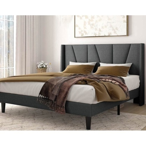 Amolife Queen Size Upholstered Platform Bed Frame with Wingback & Geometric Headboard, Dark Grey  - Lot 359