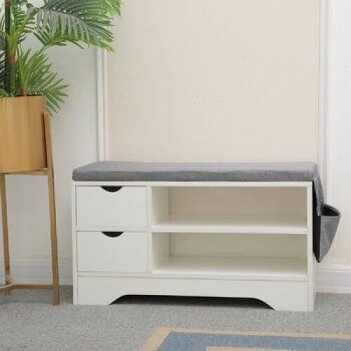 Shoe Storage Bench With Gray Cushion, 2 Drawers - Lot 555