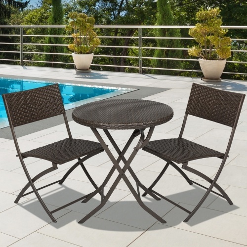 3 Piece Outdoor Patio Folding Rattan Hand Woven Bistro Set Furniture W/ Table, 2 Chairs - Lot 646