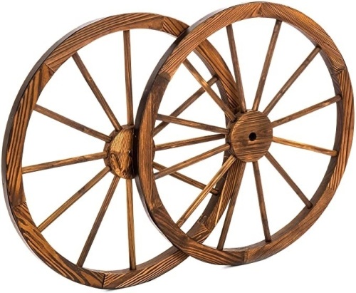 30-inch Set of 2 Decorative Wall Accent Old Western Wooden Garden Wagon Wheel w/Steel Rims, Stained Finish, Brown - Lot 819