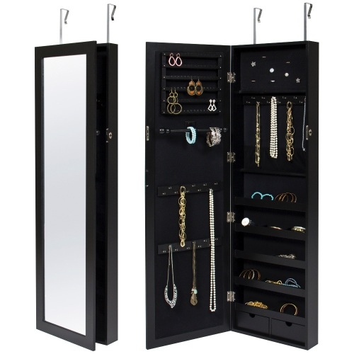 Mirrored Lockable Jewelry Cabinet Armoire Organizer w/ Door Hanging Hooks, Wall Mount, Keys  - Lot 857