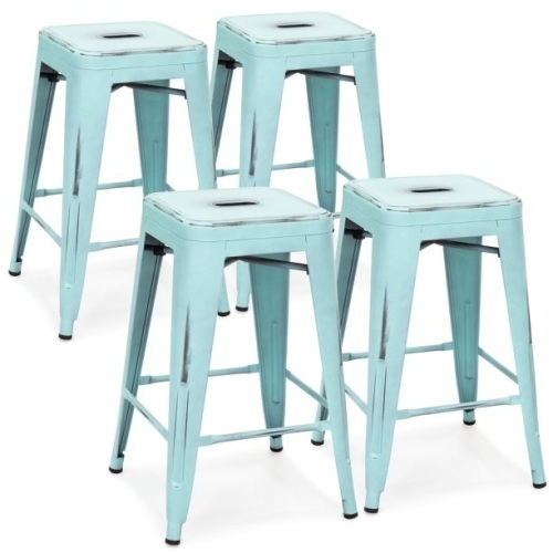 24in Set of 4 Stackable Modern Industrial Distressed Metal Counter Height Bar Stools   - Lot 886
