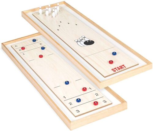 2-in-1 2-Player 45in Shuffleboard and Bowling Tabletop Board Game Set w/ 8 Rollers, 12 Bowling Pins - Lot 1018