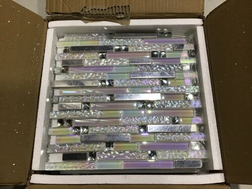 TST MOSAIC TILES Iridescent White Glass Silver Mirror Stainless Steel Blends Interlocking Strip Wall Tiles, Pack of 5  - Lot 1041