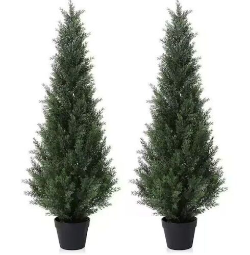 4 ft. Artificial Indoor/Outdoor Topiary Cedar Tree, Faux UV Resistant Potted Plants, Set of 2 - Lot 312