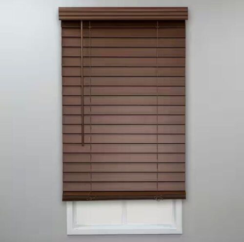 Lot of (4) Perfect Lift Window Treatment Textured Dark Oak Cordless Room Darkening Faux Wood Blinds with 2 in. Slats - 22.5 in. W x 64 in. L - Lot 347