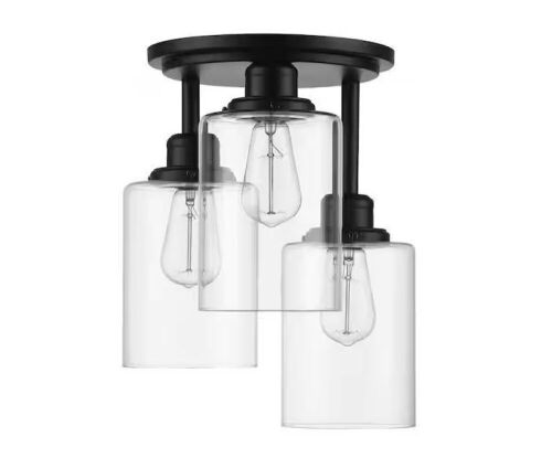 Globe Electric Annecy 13 in. 3-Light Matte Black Semi-Flush Mount with Clear Glass Shades - Lot 350