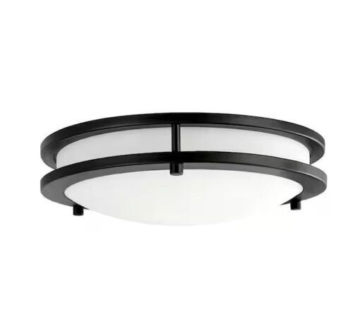 Hampton Bay Flaxmere 12 in. Matte Black Dimmable Integrated LED Flush Mount Ceiling Light with Frosted White Glass Shade - Lot 351