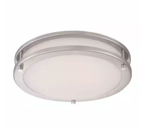 Hampton Bay Flaxmere 12 in. Brushed Nickel Dimmable LED Integrated Flush Mount with Frosted White Glass Shade - Lot 366