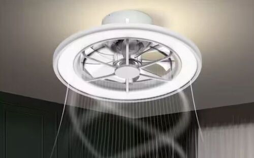 QRMOK 18 in. Indoor White Flush Mount Caged Ceiling Fan with 3 CCT LED Light and Remote Included, Reversible DC Motor - Lot 380