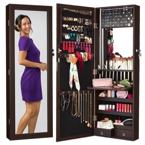 Door/Wall Mount Mirror Jewelry Cabinet Armoire w/ Inside Mirror, LED Lights - Lot 156
