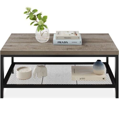 2-Tier Modern Coffee Table Industrial Rectangular Accent w/ Shelf - 44in - Lot 452