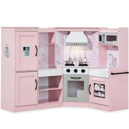Pretend Play Corner Kitchen Wooden Toy Set for Kids w/ Lights, Sounds - Lot 552