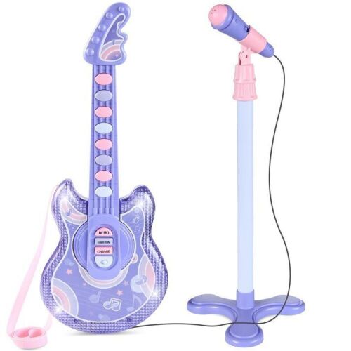 Lot of (2) Kids Pretend Play Guitar Musical Instrument Toy w/ Microphone, Stand, 19in - 1 Blue, 1 Purple  - Lot 240