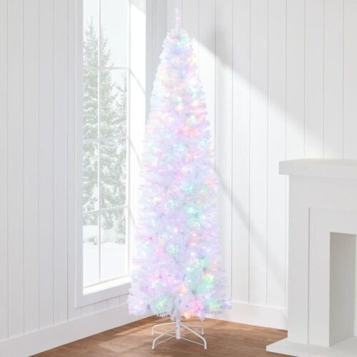 7.5' Pre-Lit White Pencil Christmas Tree w/ Metal Base, 2-in-1 Multicolor Lights - Lot 441