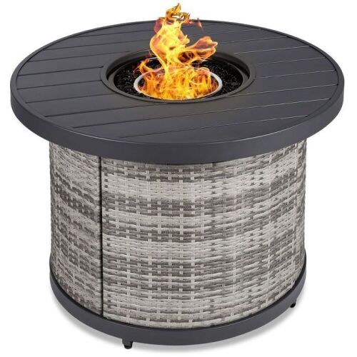 Round Fire Pit Table, 50,000 BTU Outdoor Wicker Firepit w/ Cover - 32in - Lot 19