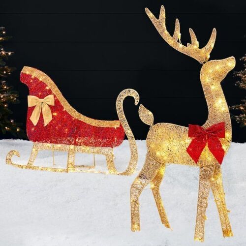 Lighted 2D Outdoor Christmas Reindeer & Sleigh Set w/ Warm White LED Lights - Lot 647