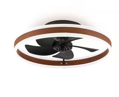 HINNIXY 20 in. Smart Indoor Mahogany Walnut Flush Mount Color Changing LED Ceiling Fan with Light Kit and Remote and App Control - Lot 748