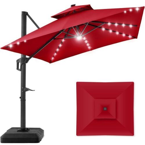 2-Tier Square LED Cantilever Offset Umbrella w/ 360 Rotation, Base - 10x10ft - Lot 23