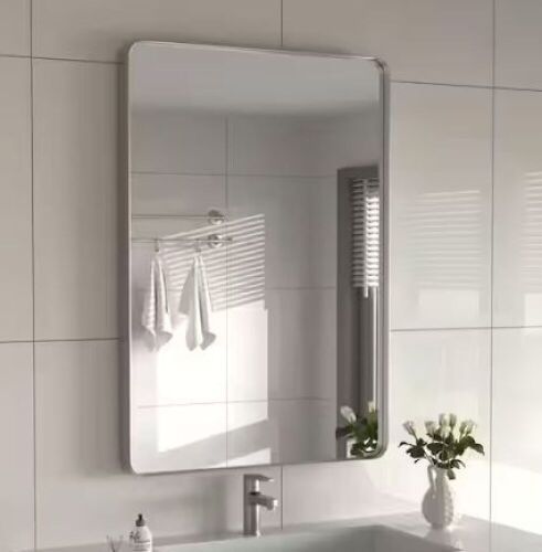 16 in. W x 24 in. H Small Rectangular Stainless Steel Framed Wall Mirror in Brushed Silver - Lot 505