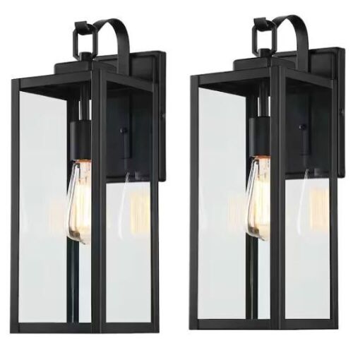 17 in. 1-Light Matte Black Hardwired Outdoor Wall Lantern Modern Sconce with Clear Glass, 2-Pack - Lot 406