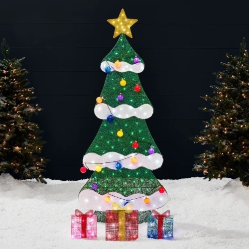 6ft Lighted 2D Christmas Tree Outdoor Decor w/ 170 LED Lights, 3 Gift Boxes - Lot 7209
