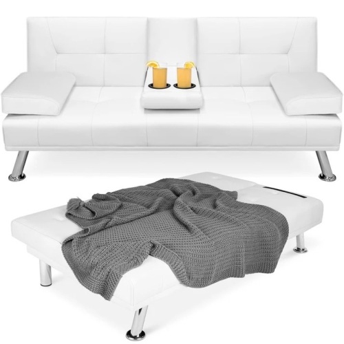 Faux Leather Upholstered Convertible Sofa Bed Futon w/ 2 Cupholders - Lot 7659