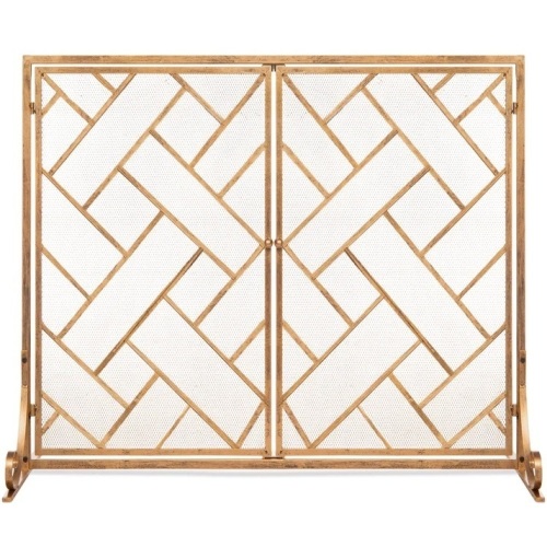 2-Panel Wrought Iron Geometric Fireplace Screen w/ Magnetic Doors - 44x33in - Lot 7858
