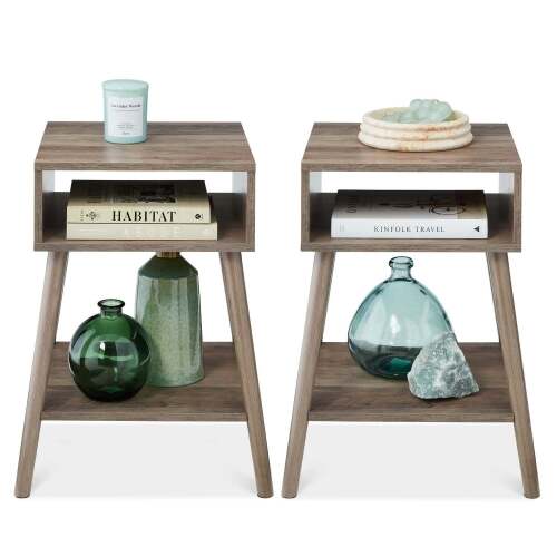 Set of 2 Mid-Century Modern End Tables w/ Cubby, Shelf - Lot 6310