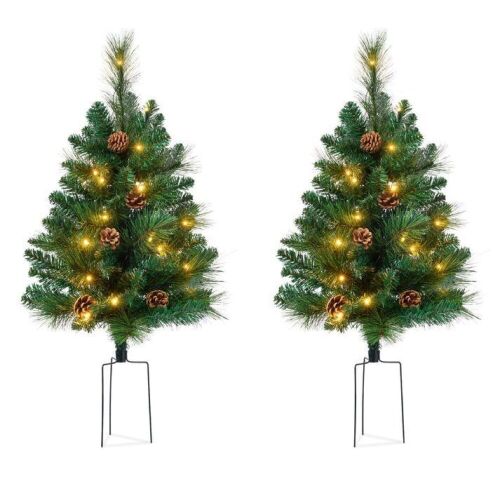 Set of 2 Pre-Lit Pathway Christmas Trees w/ Pine Cones, Timer - 24.5in - Lot 159