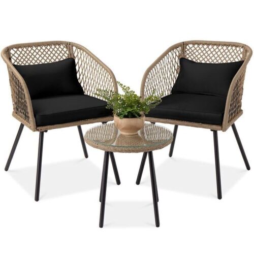 3-Piece Outdoor Diamond Weave Wicker Bistro Set w/ Tempered Glass Side Table - Lot 264