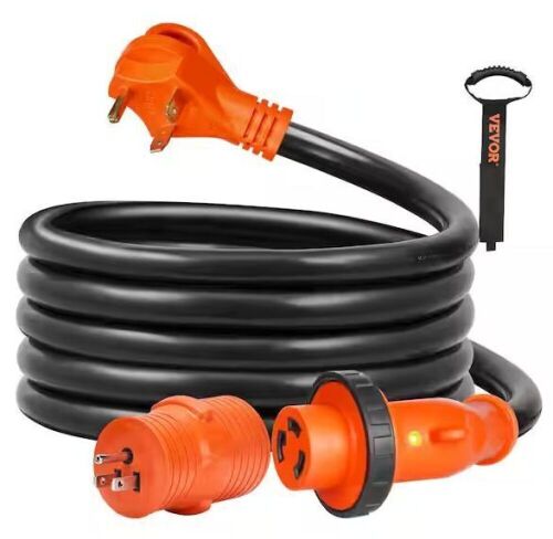 VEVOR Generator Power Cord 15 ft. 10/3 AWG 30 Amp Heavy-Duty RV Extension Cord NEMA TT-30P to L5-30R Plug with LED Indicator - Lot 348