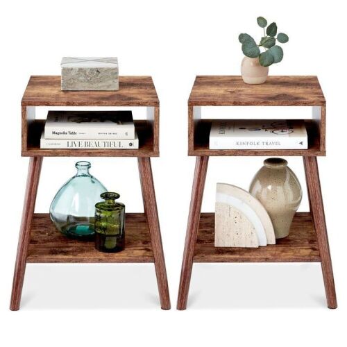Set of 2 Mid-Century Modern End Tables w/ Cubby, Shelf - Lot 572