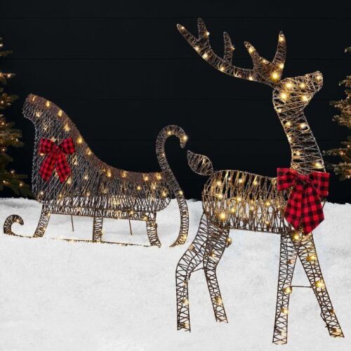 Lighted 2D Outdoor Christmas Reindeer & Sleigh Set w/ Warm White LED Lights - Lot 576