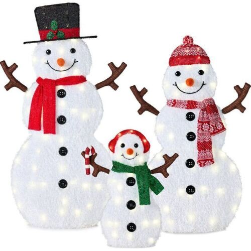 2D Lighted Snowman Family Set Outdoor Yard Decor w/ Twinkling LED Lights - Lot 452
