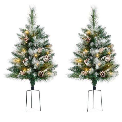 Set of 2 Pre-Lit Pathway Christmas Trees w/ Pine Cones, Timer - 24.5in - Lot 658