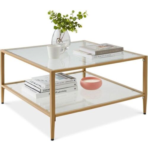 2-Tier Large Square Coffee Table Living Room Accent w/ Glass Top - 32" - Lot 327