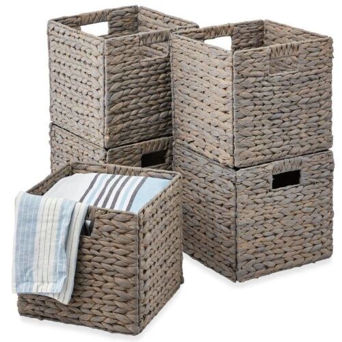 Set of 5 Collapsible Hyacinth Storage Baskets w/ Inserts - 12x12in - Lot 490