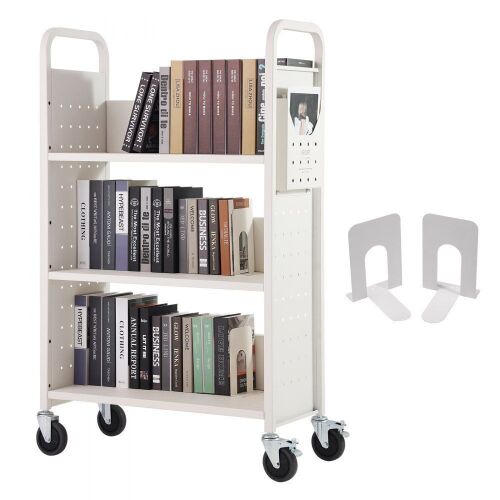 VEVOR Rolling Book Cart, Single Sided L-Shaped Flat Shelves with 4-Inch Lockable Wheels, 31.1" x 15.2" x 49.2" - Lot 61